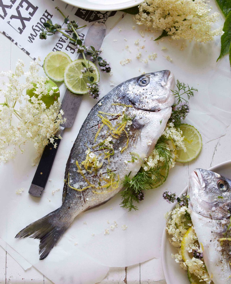 Madfoto — dorade med hyldeblomst