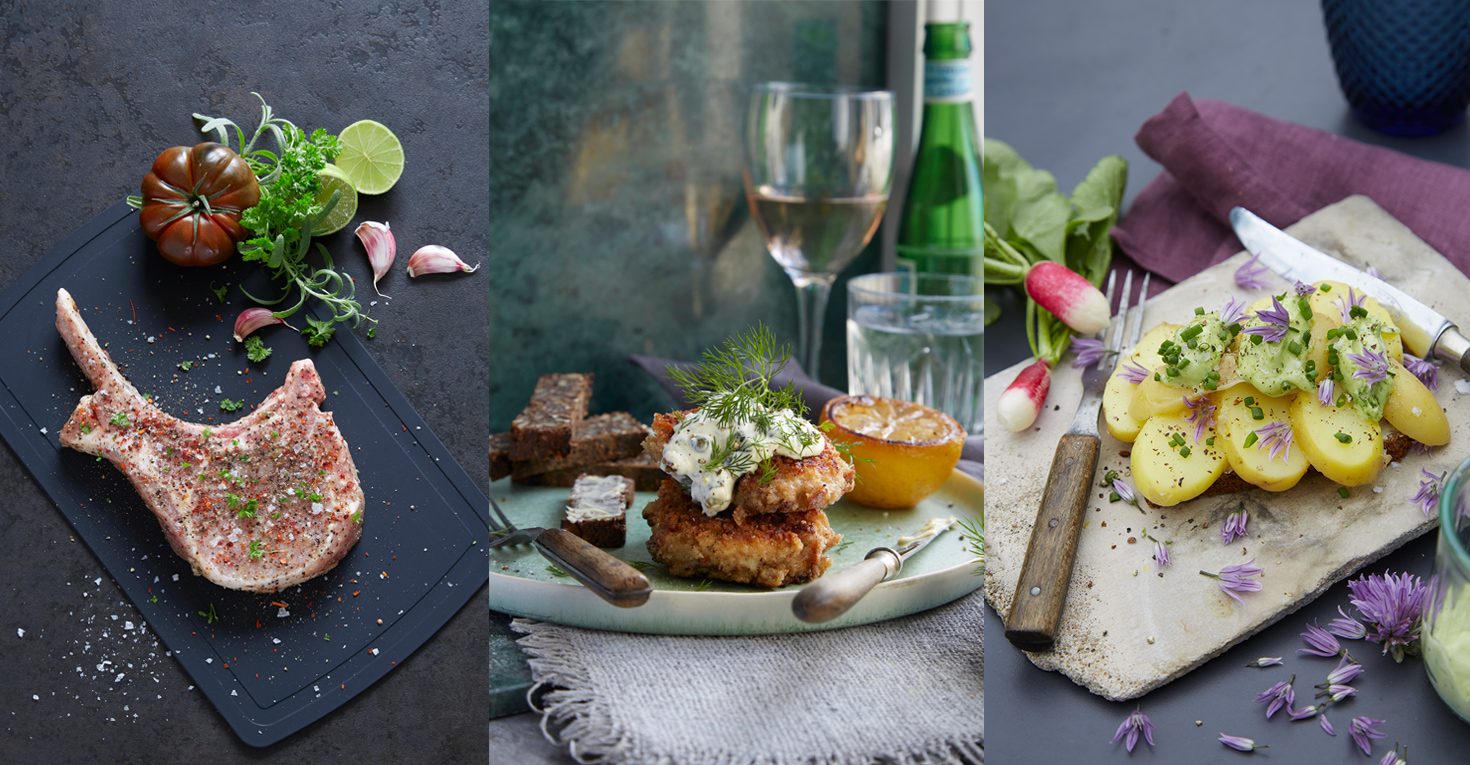 Professionel madfotografering — svinekotelet, fiskefrikadeller og kartoffelmad